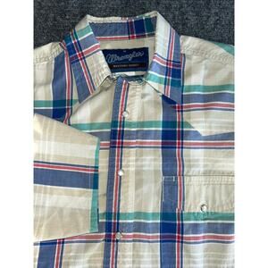Wrangler Western Shirt Beige Blue Plaid Outdoor Pearl Snap Vintage Men’s Medium